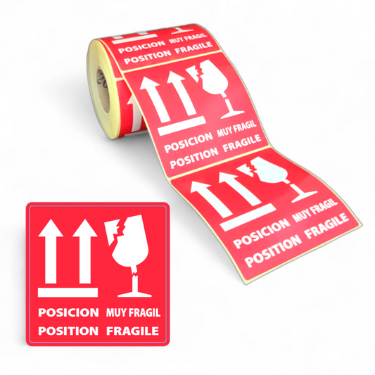 Etiquetas “POSICIÓN MUY FRÁGIL” – 100x100 mm – Adhesivas para Embalaje y Envíos Delicados